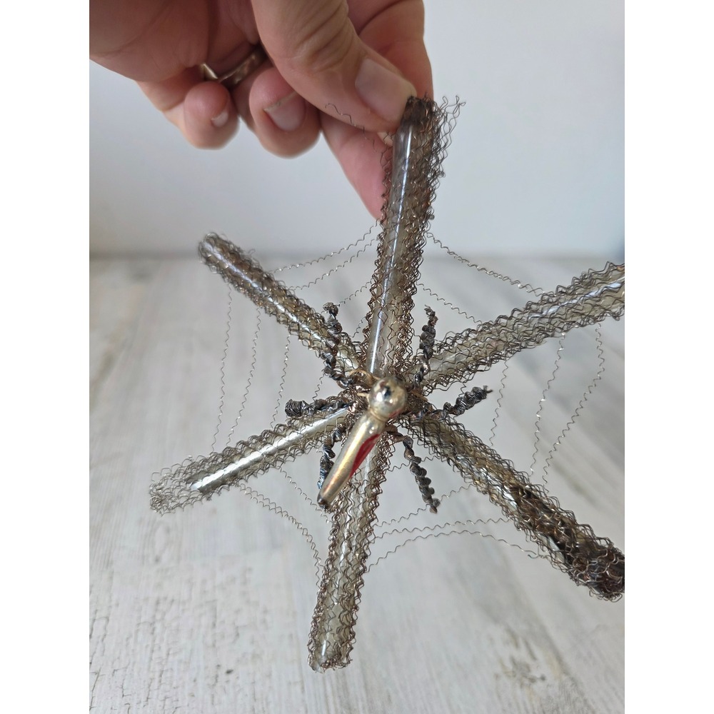 Antique spider web tinsel glass beaded ornament unique Halloween Xmas tree